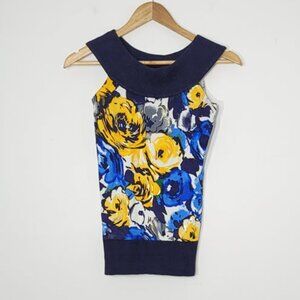 Cache Blue White Yellow Floral Silk Blend Sleeveless Tank Business Causal Small